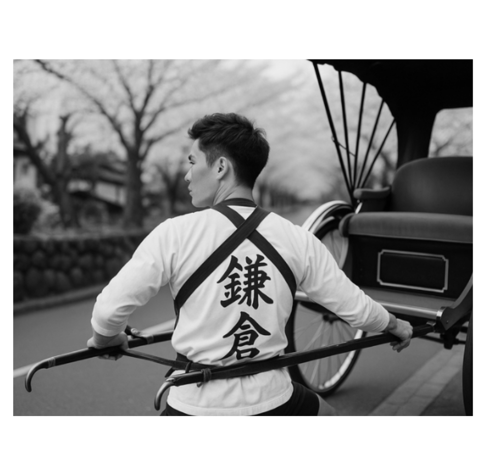 A rickshaw puller wearing a jacket marked Kamakura